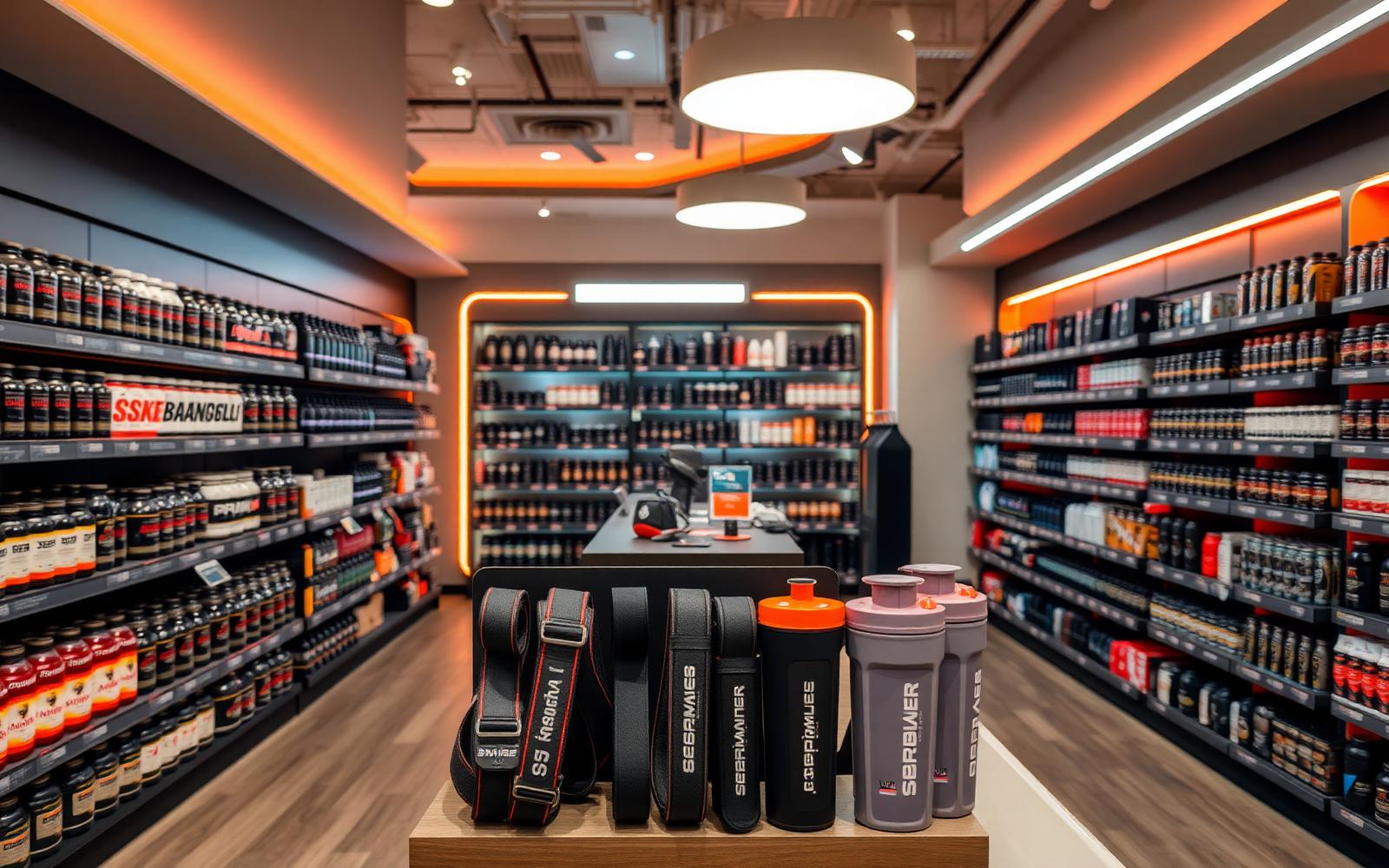 Loja de suplementos com display de acessórios de marca própria
